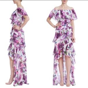 Badgley Mischka Floral Ruffle Off-the-Shoulder Gown